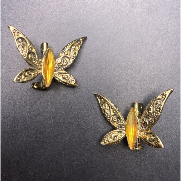 Butterfly Scatter Pin Set Small Brooch Lot Gold Tone Amber Rhinestone Vintage - Picture 1 of 6